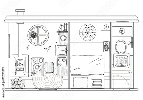 Cozy Cabin Interior Blueprint Tiny Home Living Top Down View Relaxing Retreat Design furniture icons interior design layout architecture