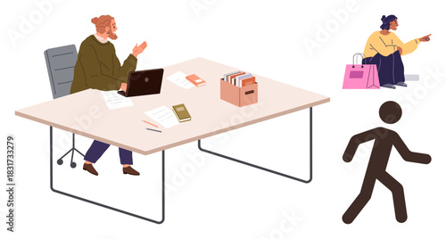 Office worker with laptop at desk, shopper with bags pointing directions, simple pedestrian walking. Ideal for business, work-life balance, urban life, multitasking, customer service, communication