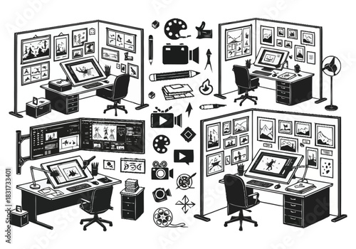 Digital Art Studio Setup with Graphic Tablets and Storyboards for Creative Professionals and Hobbyists furniture icons interior design layout architecture