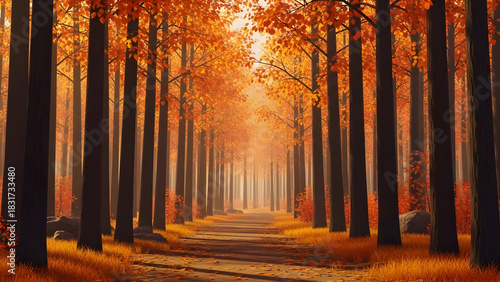 A picturesque pathway through a vibrant forest ablaze with the warm hues of autumn foliage.