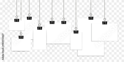 Hanging Blank Paper Sheets with Binder Clips on Transparent Background – Empty Poster, Card, Note, and Frame Mockup Template – Vector Illustration