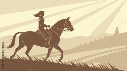 Silhouette of a woman riding a horse across a field with mountains and sun rays in the background
