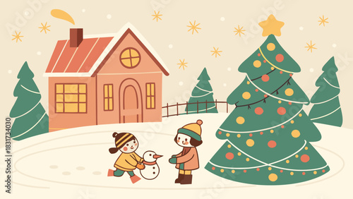 Illustration of children building a snowman near a house and christmas trees in a snowy winter scene