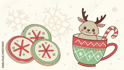 Illustration of christmas cookies and a reindeer in a mug with a candy cane on a snowy background