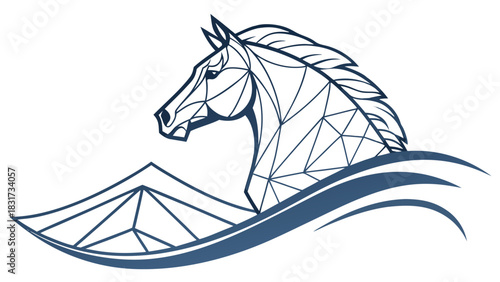 Geometric horse head above stylized waves in blue and white with a polygonal design style art