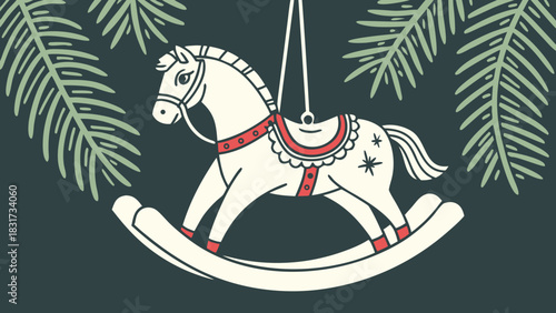 Hanging rocking horse ornament with evergreen boughs on a dark blue christmas background scene design