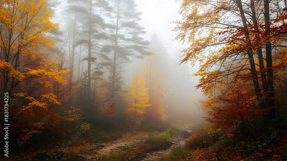 Obraz premium Autumn forest scene with fog, colorful trees, and a winding path.
