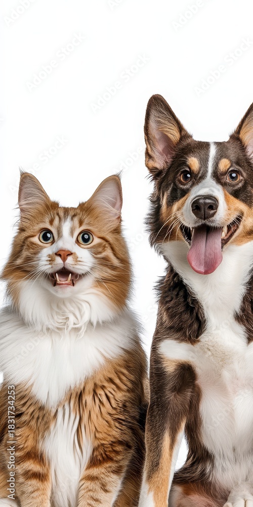 Obraz premium Adorable Cat and Dog Together in Perfect Harmony on a White Background, Celebrating Friendship