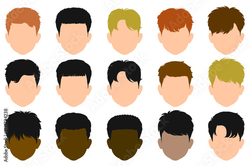 set of simple boys faces with hairstyles in different colors and styles