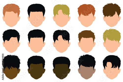 set of simple boys faces with hairstyles in different colors and styles