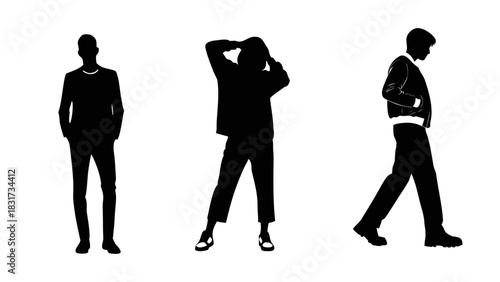 silhouette Trio: three elegant silhouettes, embodying fashion and poise. Each figure stands out in bold contrast, showcasing individuality and timeless appeal.