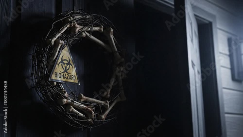 Wallpaper Mural Slow, static shot of a zombie-themed Halloween wreath on the front door, made of barbed wire, plastic bones, and a small biohazard symbol Torontodigital.ca