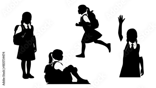 silhouette of schoolgirl: silhouetted figures of children, captured in various poses, represent the essence of youth, activity, and the everyday experiences of students on their way to school.