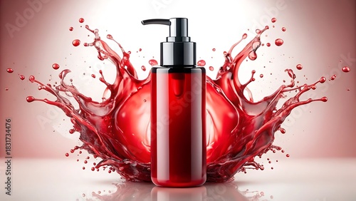 Red liquid splash behind a clear pump bottle