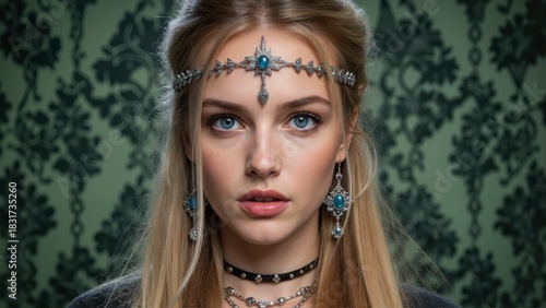 Elegant Blonde Woman Wearing Boho Headpiece and Choker Portrait