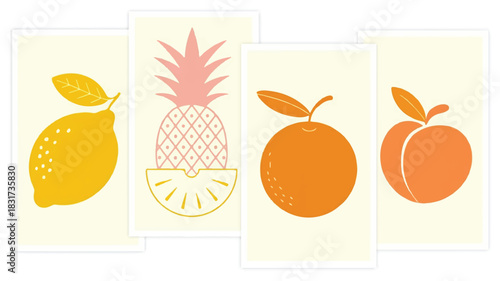 A minimalist art print set featuring four distinct fruits arranged horizontally in a clean and modern graphic design