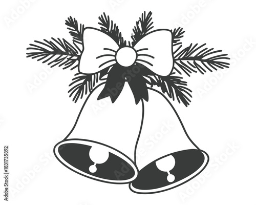 Christmas Bells with Pine Branches and Bow Black and White Line Art Illustration
