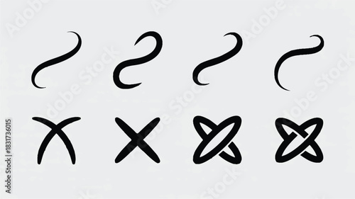 A minimalist black and white abstract curved line design collection featuring eight unique organic shapes arranged in a clean grid layout