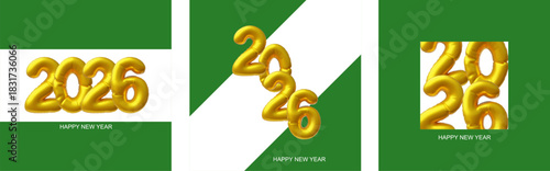 A set of 3D posters with inflatable gold numbers 2026 on a white and green geometric background.