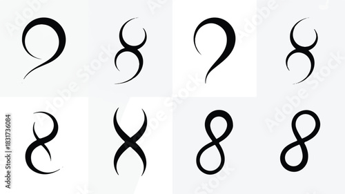Eight minimalist abstract curved line designs in a black and white composition arranged in two rows for graphic design projects