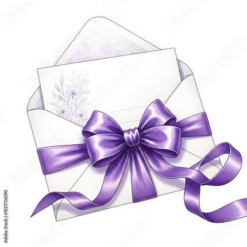 White envelope with lavender ribbon and card isolated on transparent background