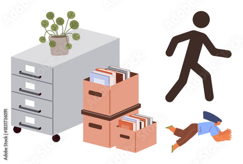 Employee falling near a cabinet with potted plant and storage boxes filled with files. Ideal for workplace safety, risk management, office hazards, organization, incident reporting, health concerns