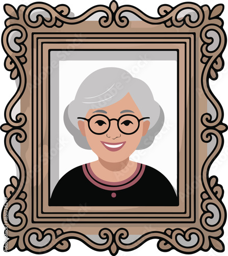 Elderly woman vector portrait smiling with grey hair and round glasses within an ornate vintage picture frame.