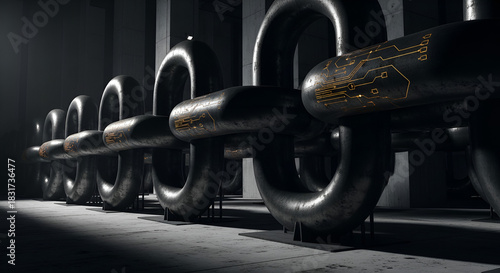 A powerful, technologically enhanced metal chain stretches into the dark, symbolizing secure data connections, blockchain systems, and robust cyber infrastructure.