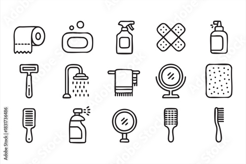 Bathroom Essentials Line Icons for Hygiene Products, Cleaning Tools, and Wellness Use