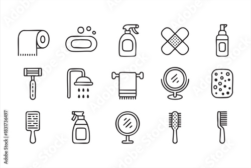 Hygiene and Bathroom Line Icons for Grooming, Cleaning, and Personal Care Graphics