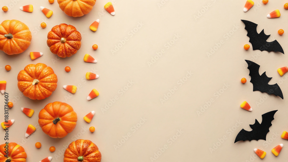 Obraz premium top view of halloween decorations Bright orange pumpkins are arranged with candy corn and little bats scattered on a light surface
