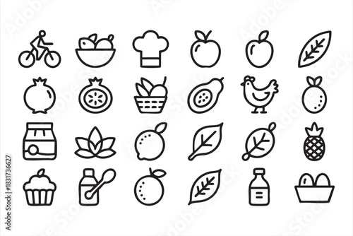 Healthy Nutrition Line Icons for Organic Produce, Wellness Meals, and Grocery Design