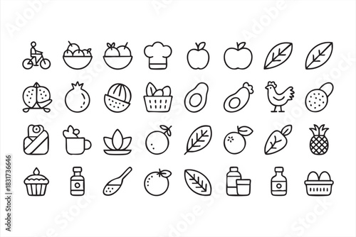 Food and Wellness Outline Icons for Natural Ingredients, Diet Themes, and Clean Eating