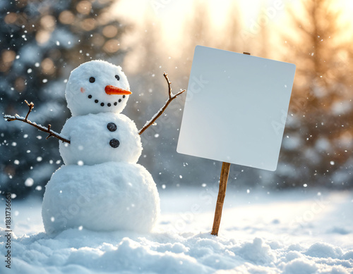 Cute snowman holding a blank white sign in a snowy winter forest. Christmas holiday mockup with copy space for text.