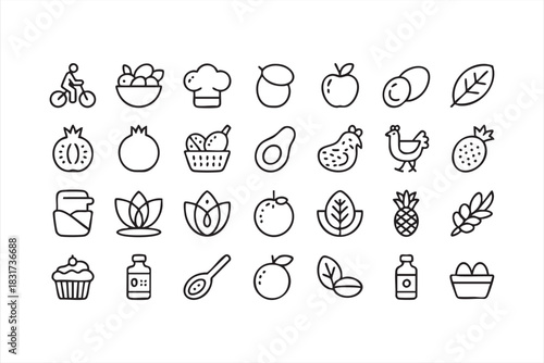 Fresh Food and Ingredient Outline Icons for Wellness Apps and Grocery Illustration