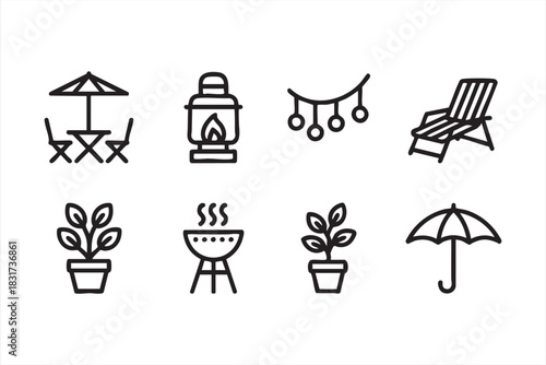 Patio and Outdoor Decor Line Icons for Summer Backyard and Garden Layouts