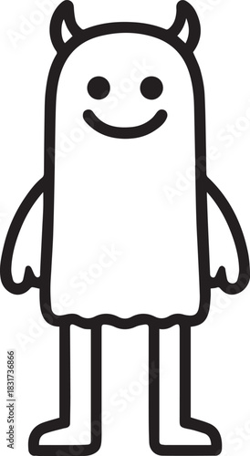 A whimsical illustrated monster stands with a smile, embodying playful charm. It is a simplistic design character, creating a sense of joy and approachability.