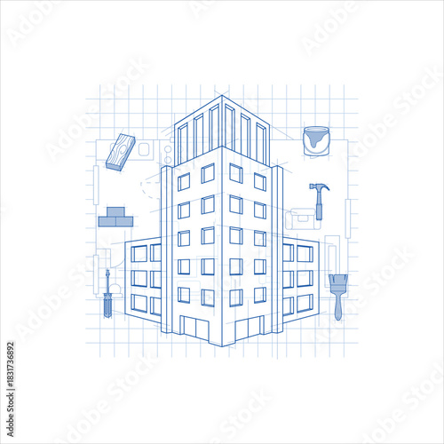 Architectural blueprint drawing of building design and construction Vector
