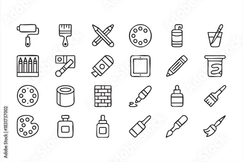 Art Supply Outline Icons for Painting Materials, Drawing Tools, and Creative UI