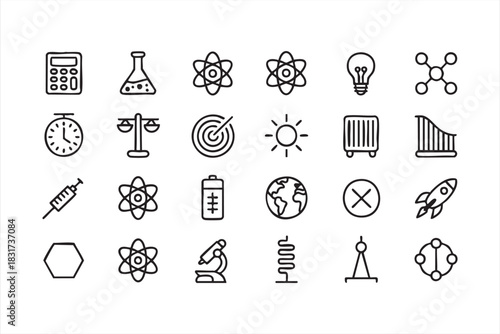 Laboratory Equipment and Physics Symbols in Clean Outline Style for Research UI