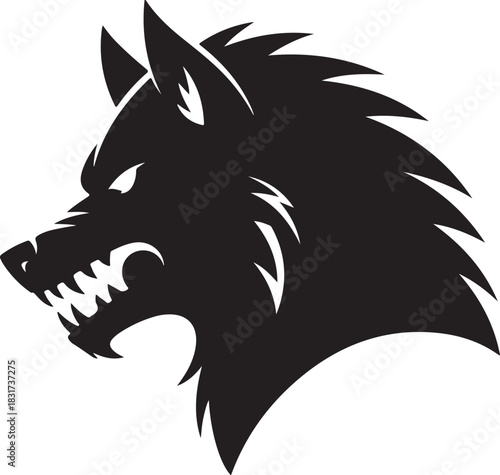 Fierce wolf head vector silhouette with bared fangs and sharp teeth, symbolizing strength and wildness