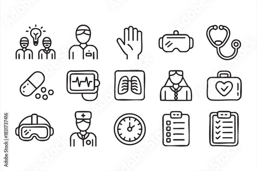 Doctor and Hospital Outline Icons for Patient Care, MedTech Interfaces, and Workflow