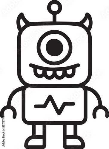 A whimsical, one-eyed robot character, radiating playfulness and curiosity, stands confidently in a simplistic yet engaging style. 