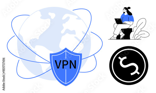 VPN concept. VPN ensuring private global networking with secure connections and online data protection. VPN supports financial safety, remote work, internet privacy, and security apps