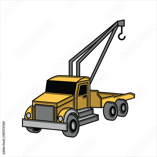 Yellow tow truck with crane and hook, road assistance vehicle Vector