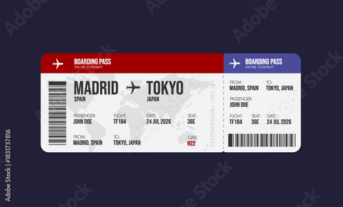 Airline ticket design. Airplane boarding pass with passenger name and destination. Travel, trip or business trip concept.