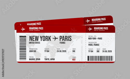 Airline ticket design. Airplane boarding pass with passenger name and destination. Travel, trip or business trip concept.