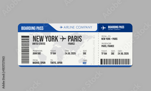 Airline ticket design. Airplane boarding pass with passenger name and destination. Travel, trip or business trip concept.