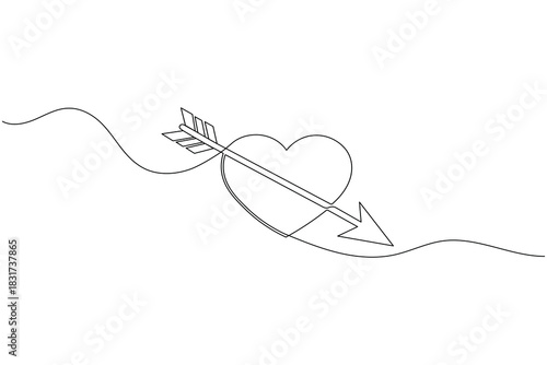 Continuous line drawing of heart pierced by an arrow, love concept.