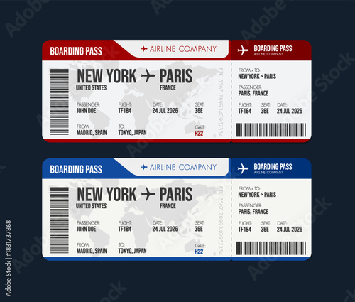 Airline ticket design. Airplane boarding pass with passenger name and destination. Travel, trip or business trip concept.